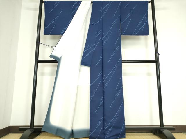 平和屋着物●藍染作家　喜多野良造　紬　萬葉の藍衣　変わり斜線文　反端付き　正絹　逸品　DABA4001az