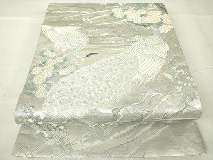 平和屋着物▼六通柄袋帯　唐織　孔雀花文　銀糸　正絹　逸品　DABA4023az