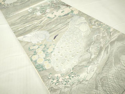 平和屋着物▼六通柄袋帯　唐織　孔雀花文　銀糸　正絹　逸品　DABA4023az
