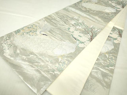 平和屋着物▼六通柄袋帯　唐織　孔雀花文　銀糸　正絹　逸品　DABA4023az