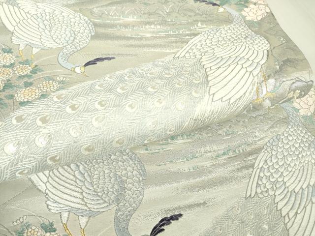 平和屋着物▼六通柄袋帯　唐織　孔雀花文　銀糸　正絹　逸品　DABA4023az
