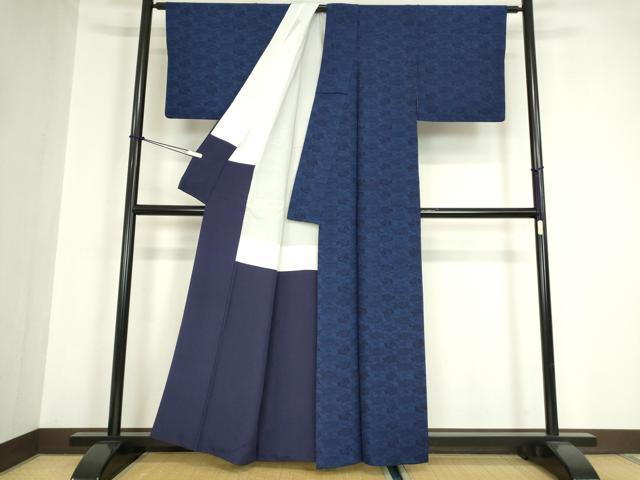 平和屋着物●本藍 型絵染 小紋 蜀江牡丹文 正絹 逸品 DABA4124az