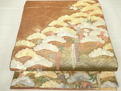 平和屋着物▼綴れ　六通柄袋帯　こくし織　花松文　金糸　正絹　逸品　DABA4143az