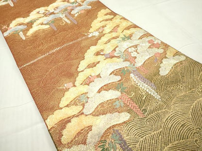 平和屋着物▼綴れ　六通柄袋帯　こくし織　花松文　金糸　正絹　逸品　DABA4143az