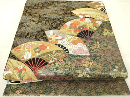 平和屋着物▼六通柄袋帯　唐織　扇面花蝶文　金糸　正絹　逸品　DABA4181az