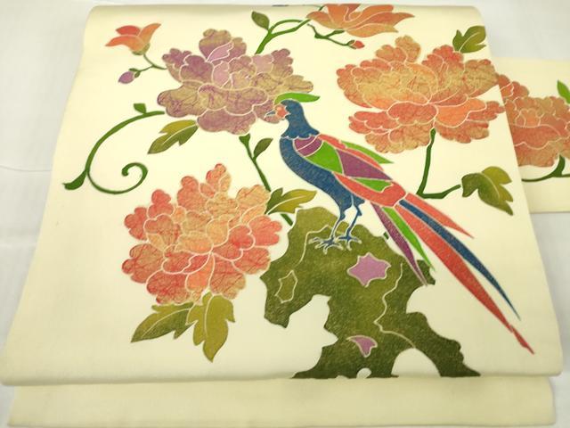 平和屋着物●塩瀬 九寸名古屋帯 牡丹花鳥文 金彩 正絹 逸品 DABA4213az