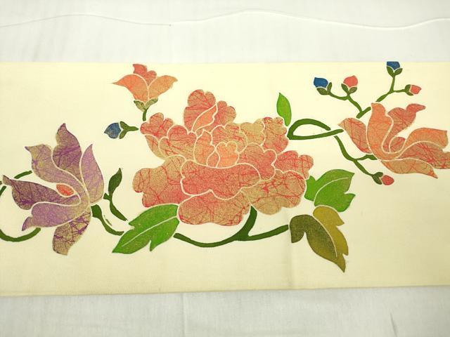 平和屋着物●塩瀬 九寸名古屋帯 牡丹花鳥文 金彩 正絹 逸品 DABA4213az