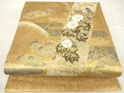 平和屋着物▼太鼓柄袋帯　芙蓉花観世水文　金糸　引箔　正絹　逸品　DABA4248az
