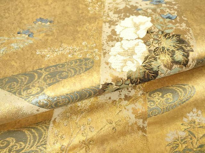 平和屋着物▼太鼓柄袋帯　芙蓉花観世水文　金糸　引箔　正絹　逸品　DABA4248az