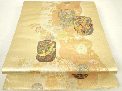 平和屋着物▼六通柄袋帯　秋草華影文　金銀糸　引箔　正絹　逸品　DABA4261az