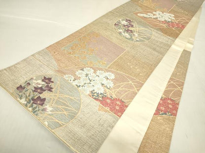 平和屋着物▼清水六兵衛　六通柄袋帯　色紙花文　金糸　正絹　逸品　DABA4262az