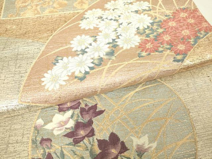 平和屋着物▼清水六兵衛　六通柄袋帯　色紙花文　金糸　正絹　逸品　DABA4262az