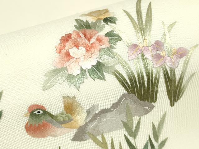 平和屋着物▼総刺繍 太鼓柄袋帯 鴛鴦花文 正絹 逸品 DABA4297az