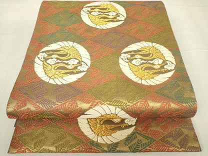 平和屋着物▼六通柄袋帯　唐織　松菱地に鶴の丸紋様　金糸　正絹　逸品　DABA4360az