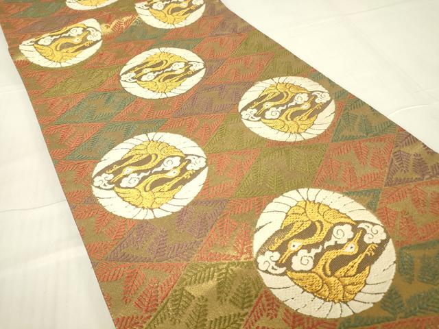 平和屋着物▼六通柄袋帯　唐織　松菱地に鶴の丸紋様　金糸　正絹　逸品　DABA4360az