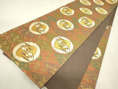 平和屋着物▼六通柄袋帯　唐織　松菱地に鶴の丸紋様　金糸　正絹　逸品　DABA4360az