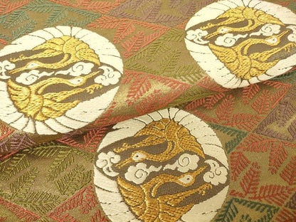 平和屋着物▼六通柄袋帯　唐織　松菱地に鶴の丸紋様　金糸　正絹　逸品　DABA4360az