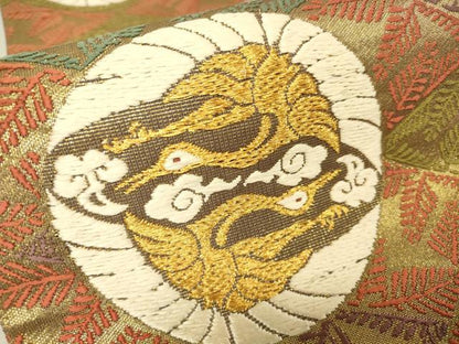 平和屋着物▼六通柄袋帯　唐織　松菱地に鶴の丸紋様　金糸　正絹　逸品　DABA4360az