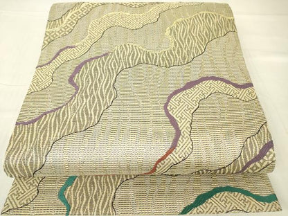 平和屋着物▼六通柄袋帯　本泥染　霞七宝文　金糸　正絹　逸品　DABA4370az