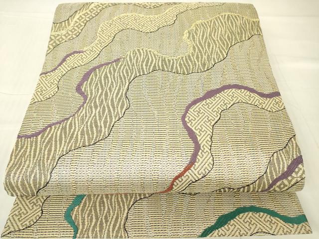 平和屋着物▼六通柄袋帯　本泥染　霞七宝文　金糸　正絹　逸品　DABA4370az