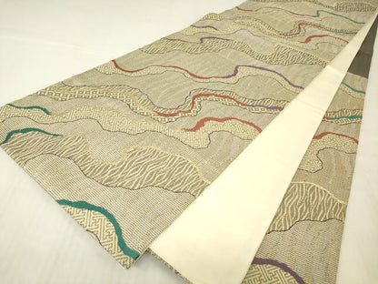 平和屋着物▼六通柄袋帯　本泥染　霞七宝文　金糸　正絹　逸品　DABA4370az