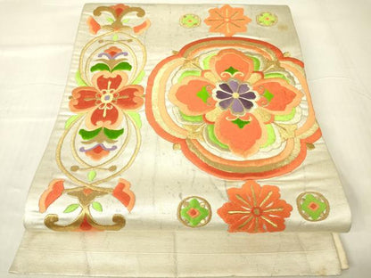 平和屋着物▼太鼓柄袋帯　総刺繍　正倉院花文　金糸　正絹　逸品　DABA4378az