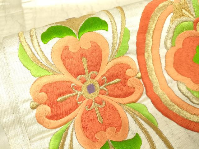 平和屋着物▼太鼓柄袋帯　総刺繍　正倉院花文　金糸　正絹　逸品　DABA4378az