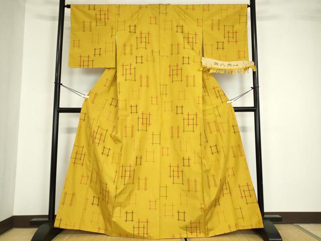 平和屋着物●黄八丈 井桁絣 反端付き 正絹 逸品 未使用 DABA4388az