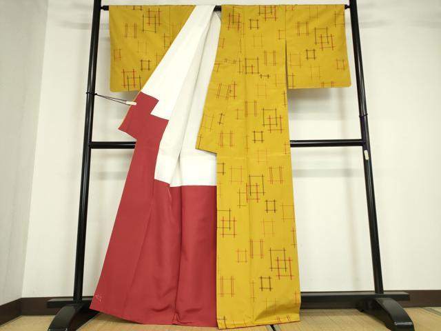 平和屋着物●黄八丈 井桁絣 反端付き 正絹 逸品 未使用 DABA4388az
