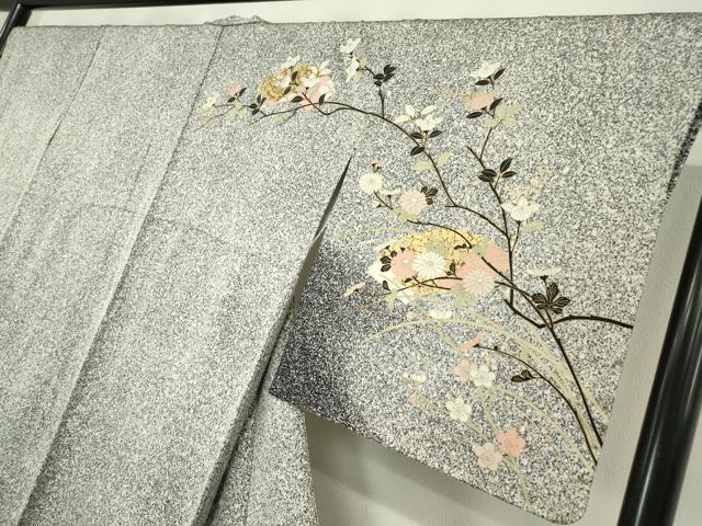 平和屋着物●訪問着 地紙枝花文 たたき染め 黒地 金彩 正絹 逸品 未使用 DABA4413az