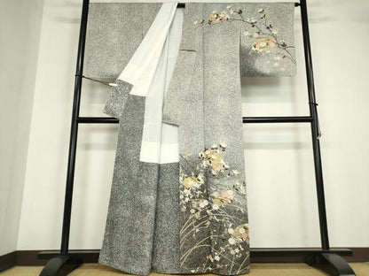 平和屋着物●訪問着 地紙枝花文 たたき染め 黒地 金彩 正絹 逸品 未使用 DABA4413az