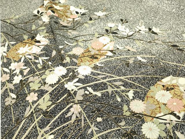 平和屋着物●訪問着 地紙枝花文 たたき染め 黒地 金彩 正絹 逸品 未使用 DABA4413az