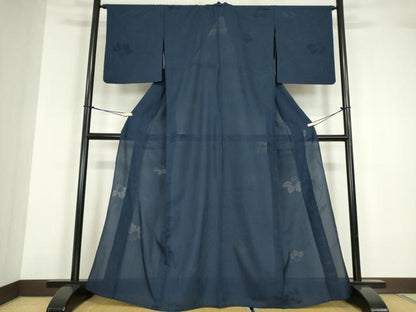 平和屋着物＊夏物 色無地 縦絽 舞花紋紗 紺色 正絹 逸品 DABA4451az