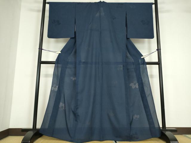 平和屋着物＊夏物 色無地 縦絽 舞花紋紗 紺色 正絹 逸品 DABA4451az
