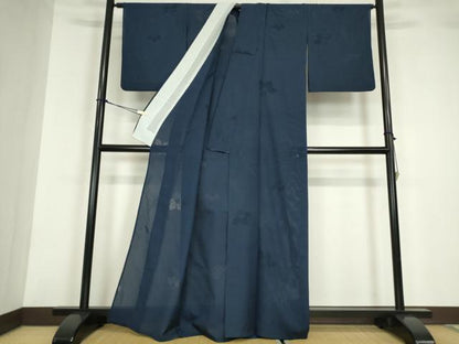 平和屋着物＊夏物 色無地 縦絽 舞花紋紗 紺色 正絹 逸品 DABA4451az
