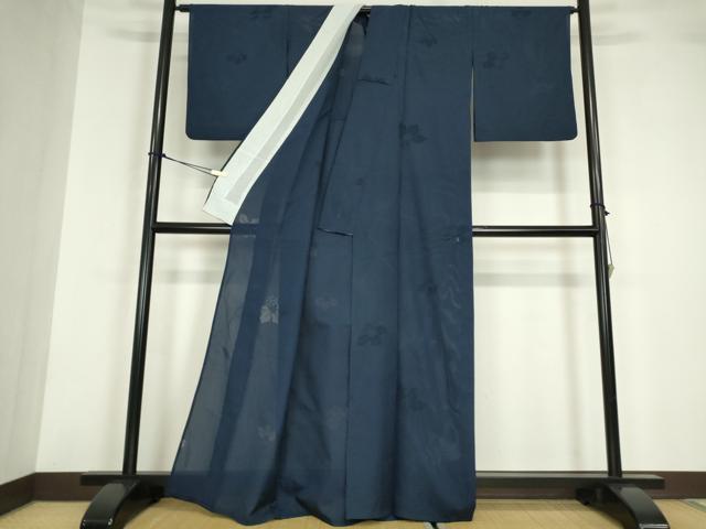 平和屋着物＊夏物 色無地 縦絽 舞花紋紗 紺色 正絹 逸品 DABA4451az