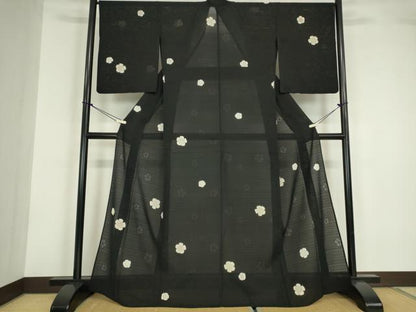 平和屋着物＊夏物 小紋 変わり絽 舞花文 黒地 金彩 正絹 逸品 DABA4464az