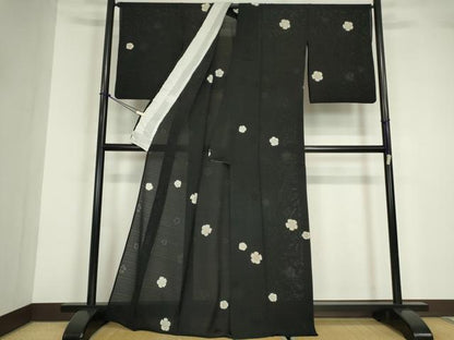 平和屋着物＊夏物 小紋 変わり絽 舞花文 黒地 金彩 正絹 逸品 DABA4464az