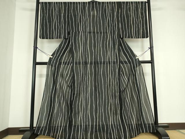 平和屋着物＊夏物 小紋 絽 よろけ縞 黒地 洗える着物 DABA4469az