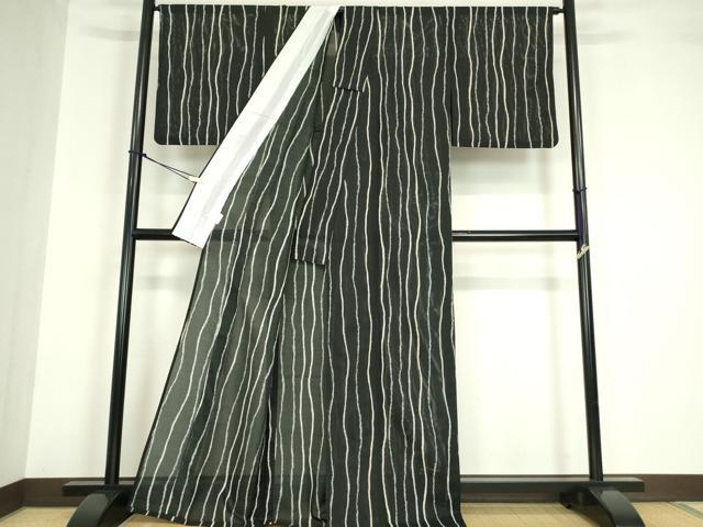 平和屋着物＊夏物 小紋 絽 よろけ縞 黒地 洗える着物 DABA4469az