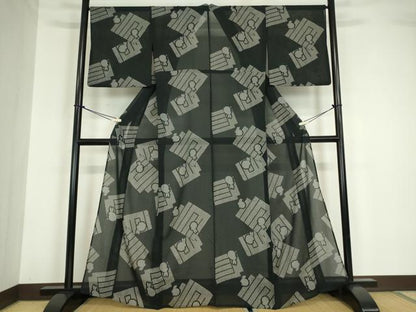 平和屋着物＊夏物 小紋 紗 源氏香兎 黒地 洗える着物 DABA4471az