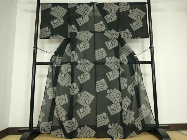 平和屋着物＊夏物 小紋 紗 源氏香兎 黒地 洗える着物 DABA4471az