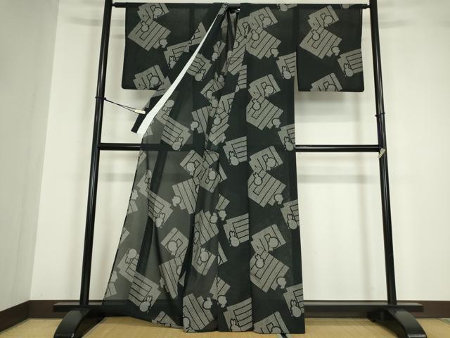 平和屋着物＊夏物 小紋 紗 源氏香兎 黒地 洗える着物 DABA4471az