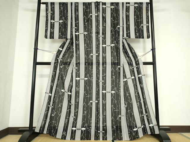 平和屋着物＊夏物 小紋 絽 詩歌間道 黒地 洗える着物 DABA4477az