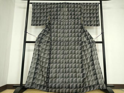 平和屋着物＊夏物 小紋 絽 格子 黒地 洗える着物 DABA4493az