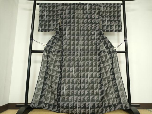 平和屋着物＊夏物 小紋 絽 格子 黒地 洗える着物 DABA4493az
