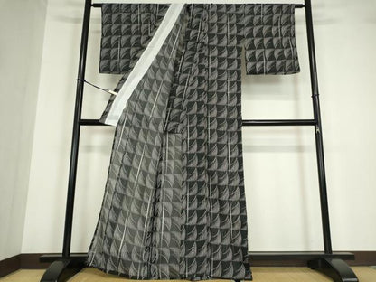 平和屋着物＊夏物 小紋 絽 格子 黒地 洗える着物 DABA4493az