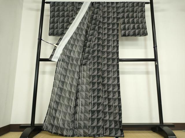 平和屋着物＊夏物 小紋 絽 格子 黒地 洗える着物 DABA4493az
