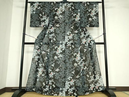 平和屋着物＊夏物 小紋 絽 葡萄蔦の葉文 黒地 洗える着物 DABA4495az