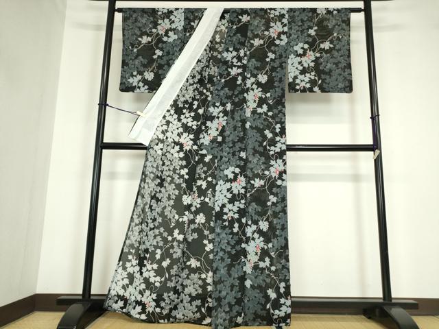 平和屋着物＊夏物 小紋 絽 葡萄蔦の葉文 黒地 洗える着物 DABA4495az